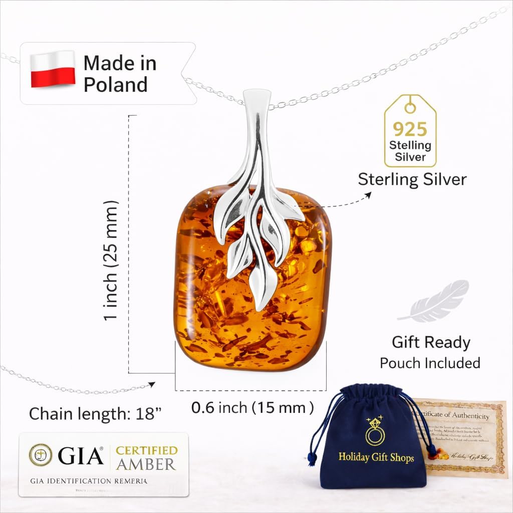 HolidayGiftShops Amber Jewelry for Women - GIA Certified Sterling Silver and Baltic Honey Amber Pendant Fern, Includes 925 Sterling Silver Chain - Sterling Silver Jewelry Collection, made in Poland - Image 3