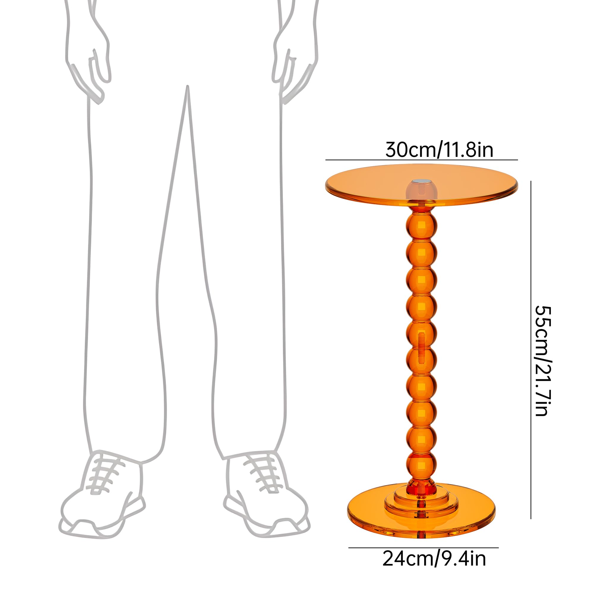 Mesa Auxiliar de acrílico, Mesa Lateral con Tapa Redonda y Poste sólido para salón, Dormitorio, balcón, Mesa de Apoyo, fácil Montaje (Naranja, 30×30×55 cm)