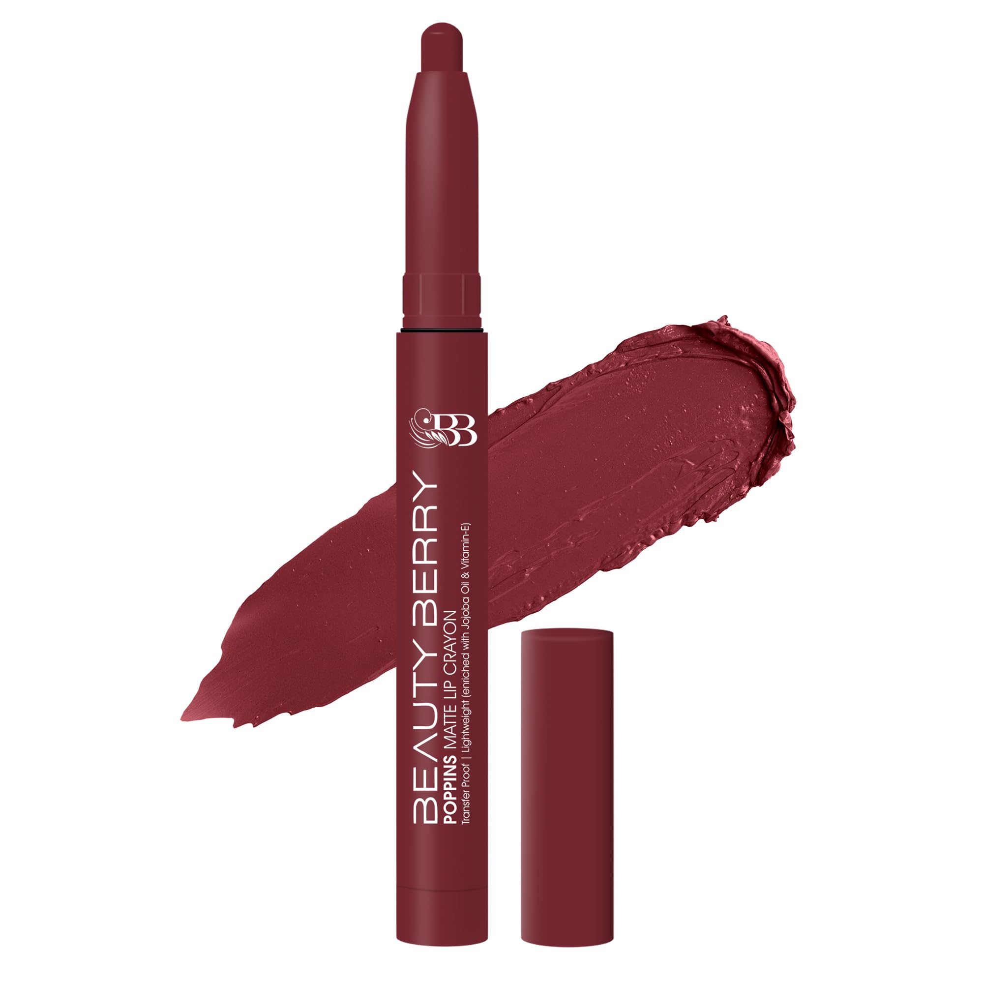 Beauty Berry Poppins Matte Lip Crayon Lipstick | Long Lasting Non Transfer | Smudge Proof & Waterproof Lipstick Enriched with Jojoba Oil & Vitamin E (07 - Wild Mehroon, 3g)