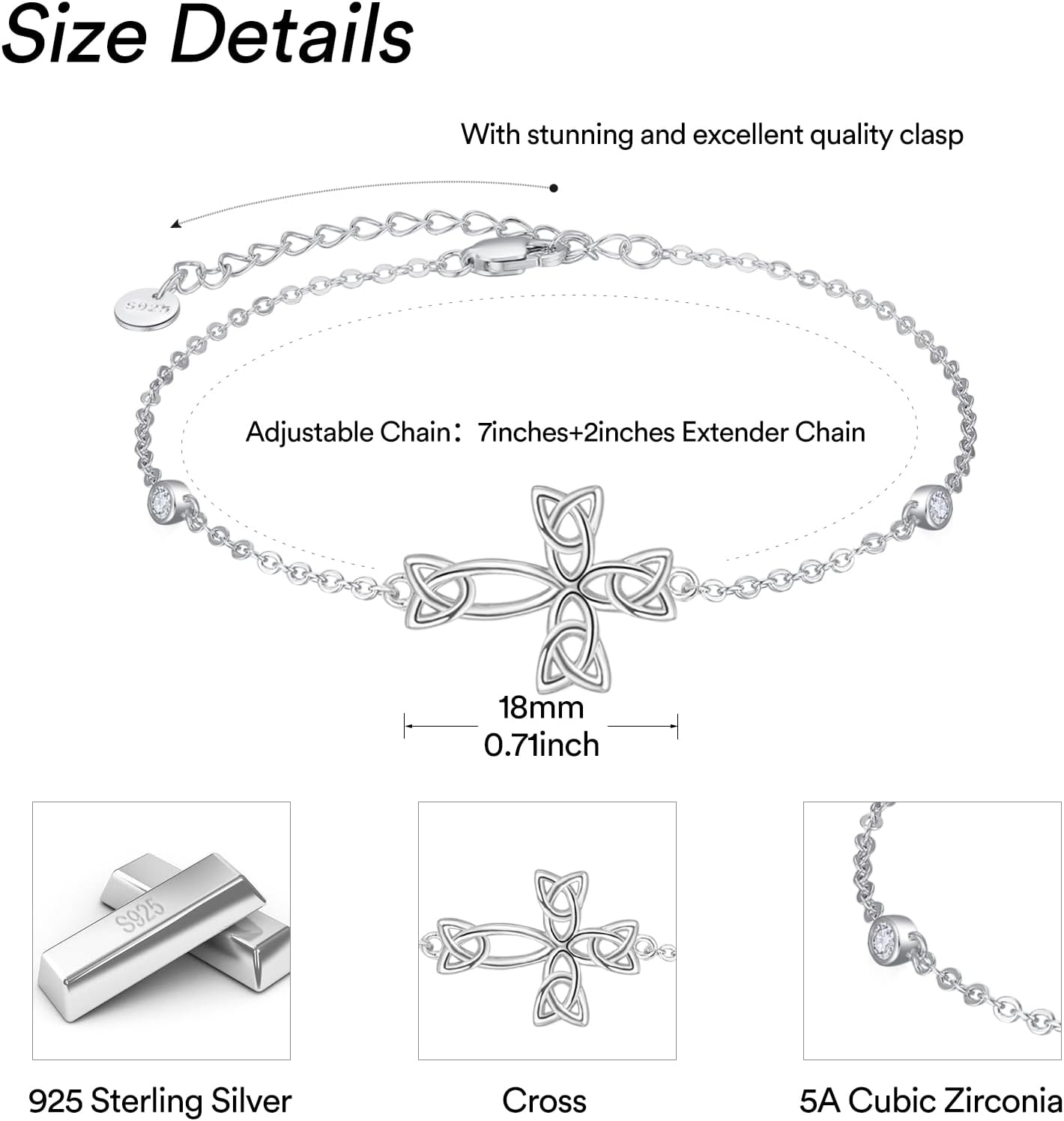 Palpitate Cross Bracelet Celtic Knot Bracelet 925 Sterling Silver Bracelet Cross Christian Irish Jewelry Gifts for Women Wife Her Adjustable