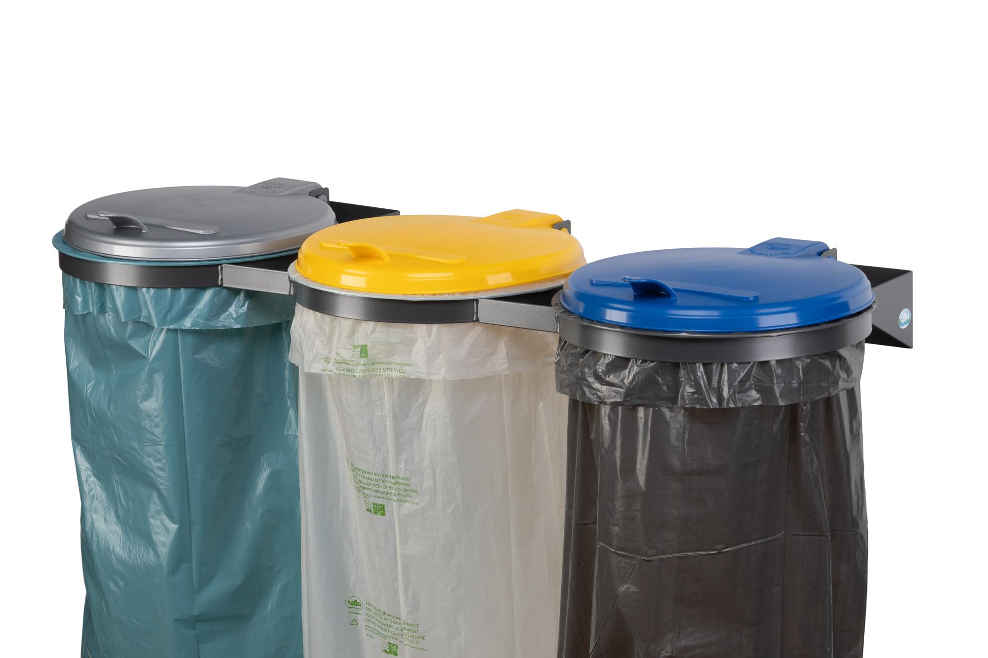 PROREGAL Robuster Abfallsammler für Wertstoffsortierung 3-Fach | Wandhalterung | 3x 120 Liter, BxT 120x51cm | Stahl | Mülleimer Abfalleimer