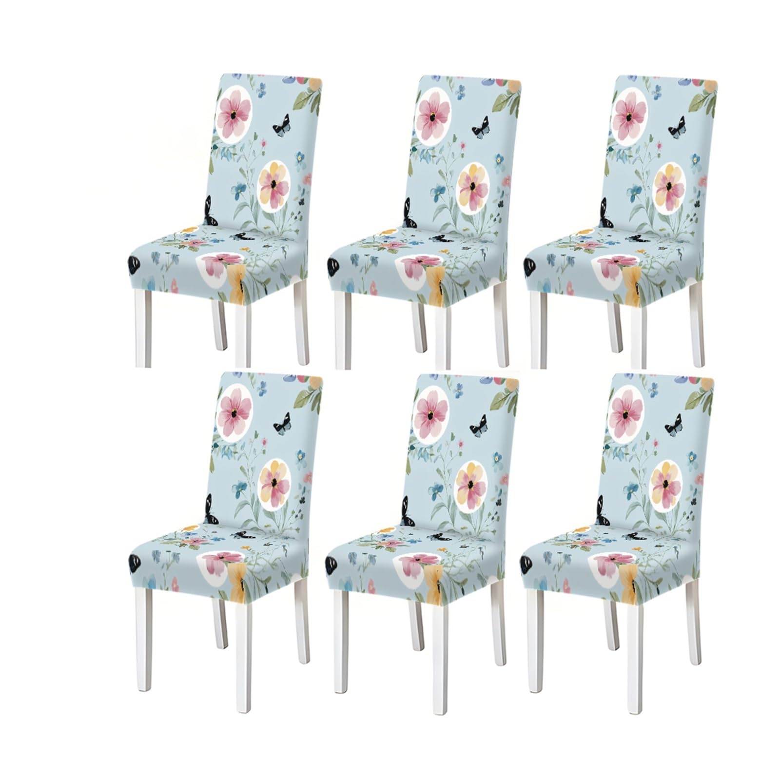 KXUAUV Watercolor Blue Pink Floral Butterfly Print Stretch Dining Chair Covers, For Home Kitchen Dining Room Party, 2/4/6 PCS Seat Protectors for Restaurant Hotel Party(6PCSChair cover)