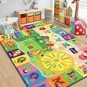 Chicrug Educational 4×6 Kids Area Rug for Playroom, TPR Non Slip Kids Classroom Carpet Rug for Learning ABC Animal Shape Color Fruit, Washable Play Mat Rug for Children Nursery Toddler Room Decor