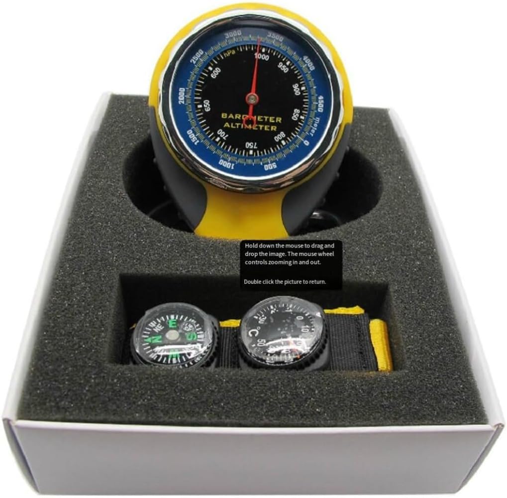 Generisch Medidor de altímetro 4 en 1 para exteriores, con presión de aire absoluta y relativa manual, para senderismo, montaña, camping, color amarillo (85 x 68 x 28 mm)