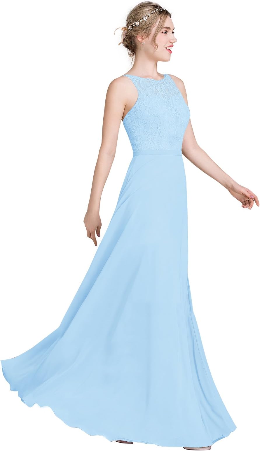 Loffy Women's Long Prom Dress Bridesmaid Dress Lace Chiffon Evening Gown Sky Blue Size 16