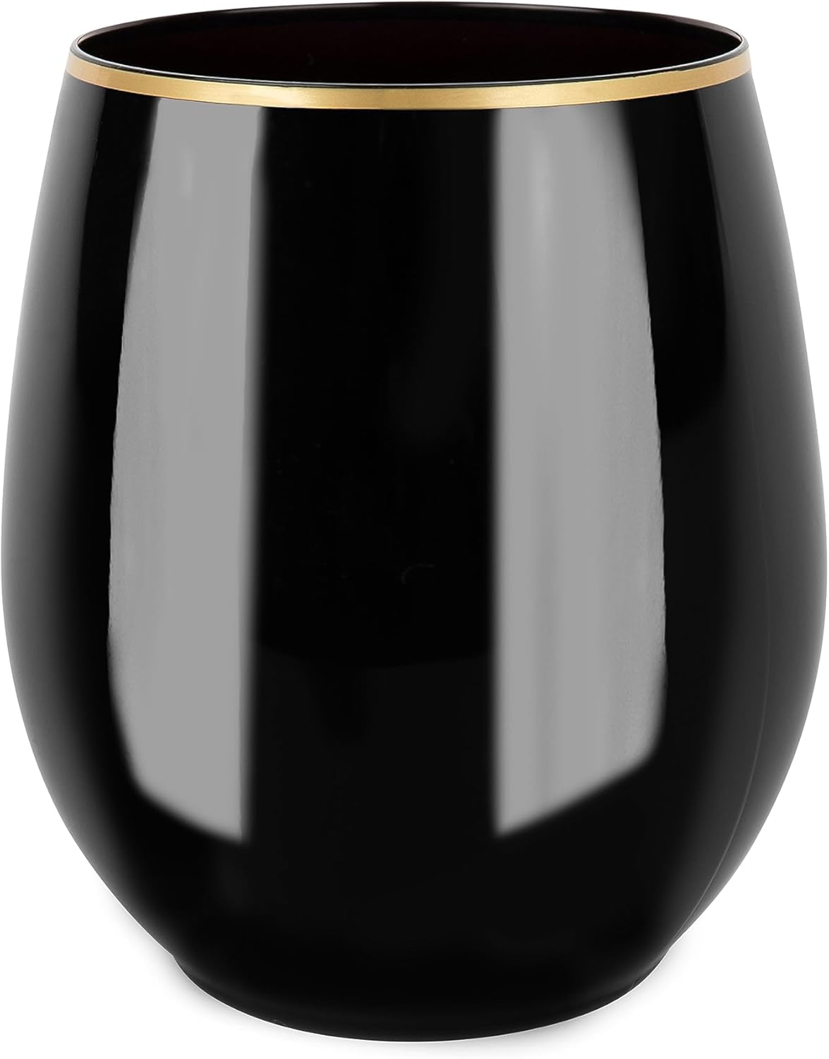PLASTICPRO 6 Pack Black With Gold Rim Plastic Wine Glasses Stemless Disposable 12 oz BPA Free Shatterproof Plastic Wine Cups Wine Glasses for Parties - Image 3