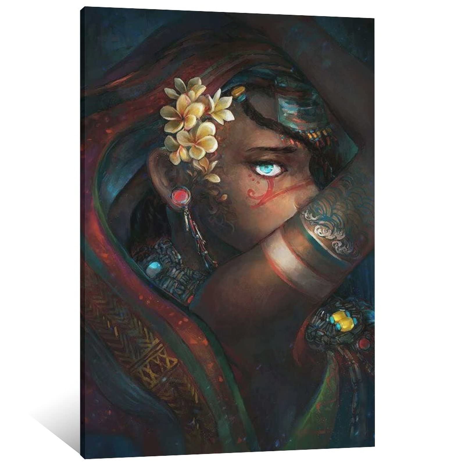 CHENYUAN Totem African Girl with Flowers Painting Canvas Wall Art Living Room Posters Bedroom Painting Picture Print Modern Family Poster Decorative 24x36inch(60x90cm)