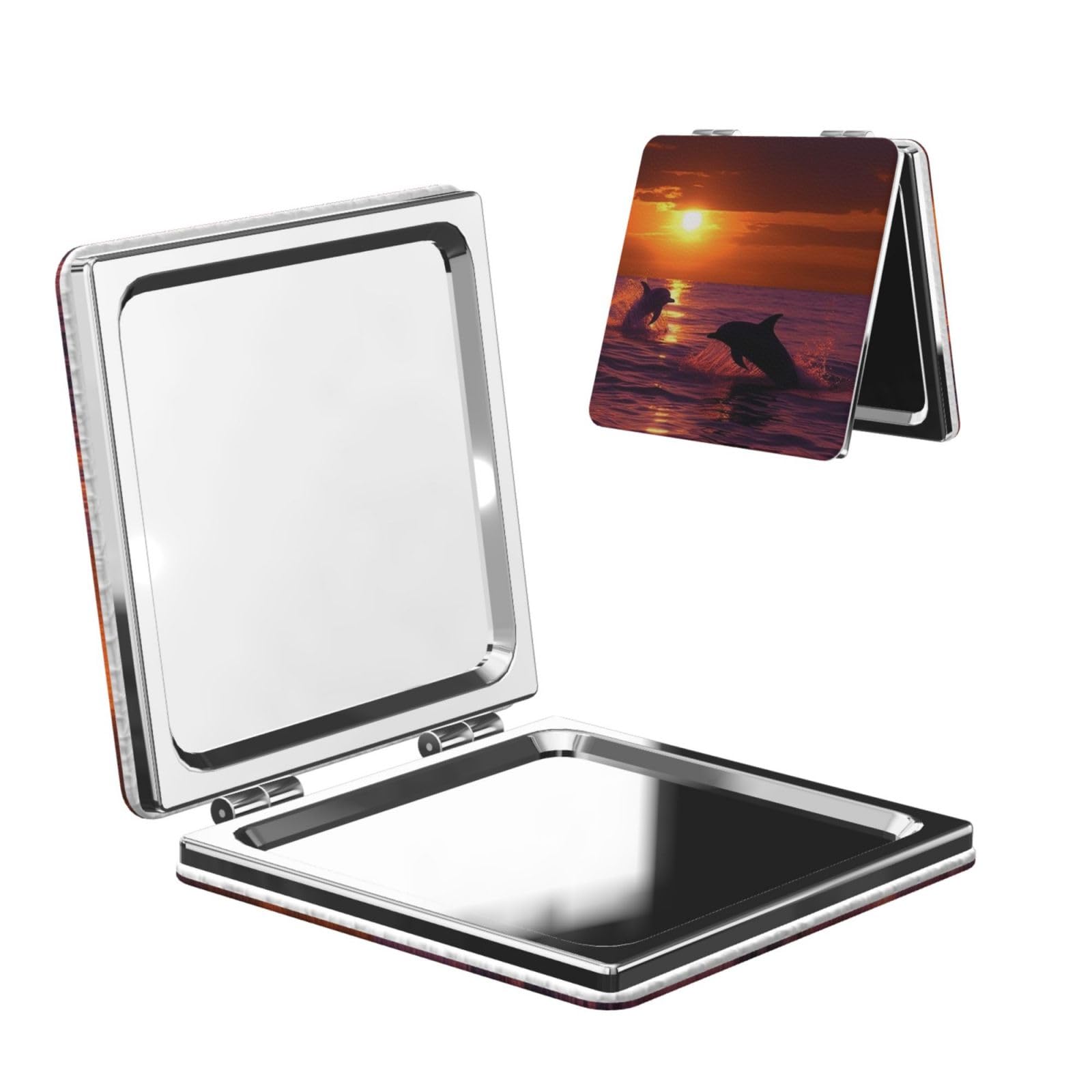 Sunset Dolphins Compact Mirrors for Women, Mini Folding Pocket Makeup Mirror with 2 X 1x Magnification Portable Travel Purse Mirror Gift for Birthday Mother's Day Party