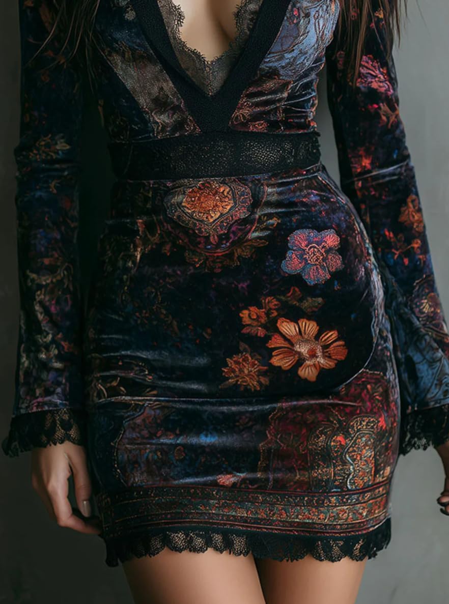 Velvet Floral Mini Dress for Women V Neck Long Sleeve Lace Trim Bodycon Dress - Image 5
