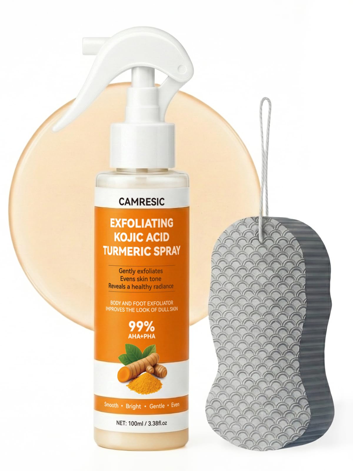 Keratin Care Kojic Acid Turmeric Exfoliating Body Spray with Soft Sponge — Brightening & Smoothing Peeling Solution for Rough, Dull Skin, All Skin