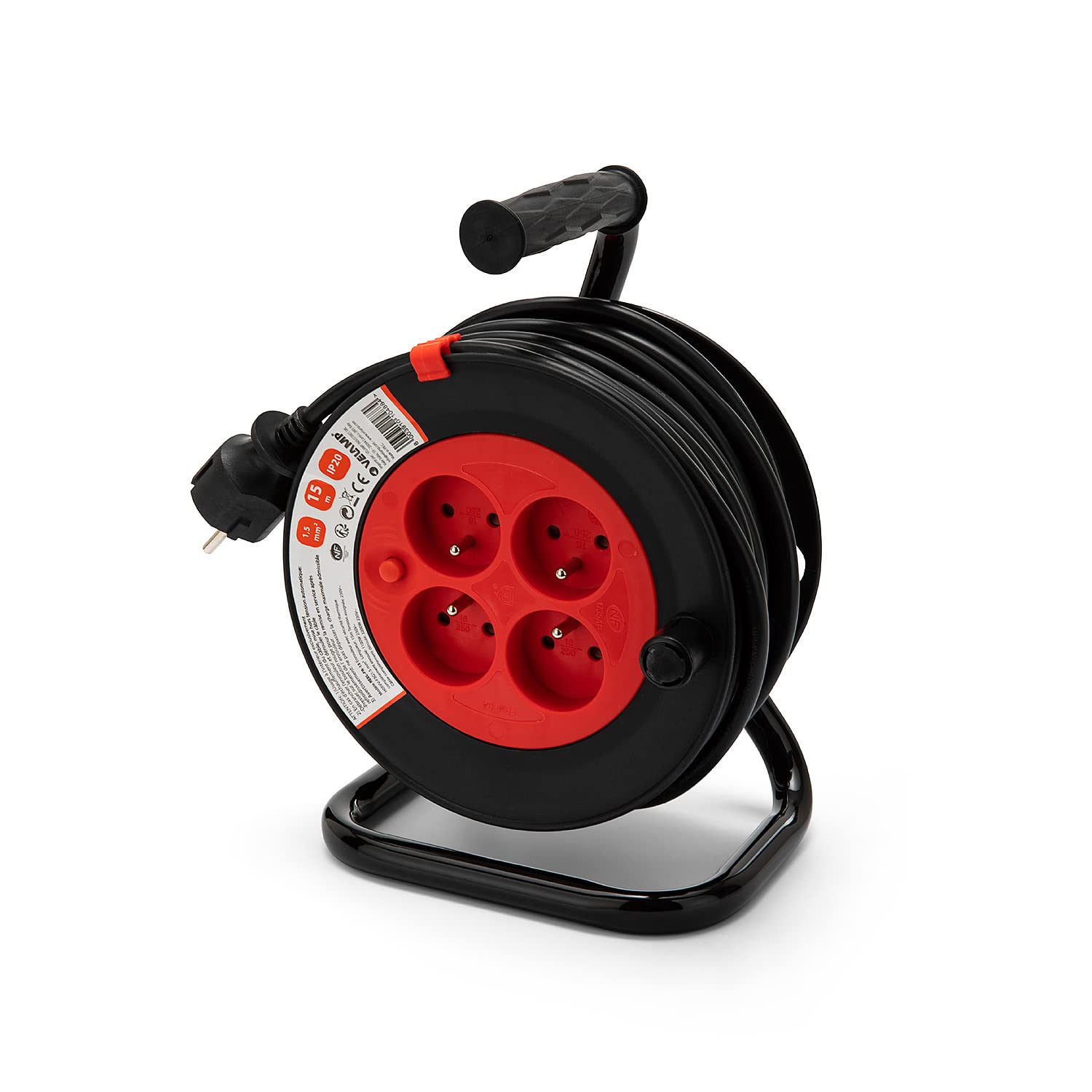 Velamp REEL-FR-15 - Alargador eléctrico (15 m, 4 enchufes, 16 A, sección 3G1,5 mm2), color negro y rojo