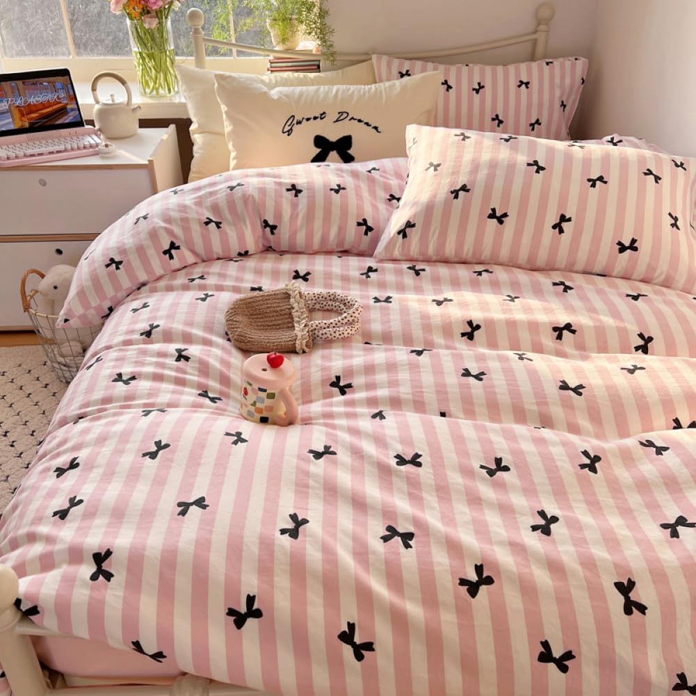 Nyescasa Pink and White Striped Duvet Cover Sets Single Black Bows Microfiber Bedding Set Cute Bow Bowknot Aesthetic Teen Girls Women Quilt Cover 135x200 with Zipper Closure and 1 Pillowcase 50x75 cm — image 1