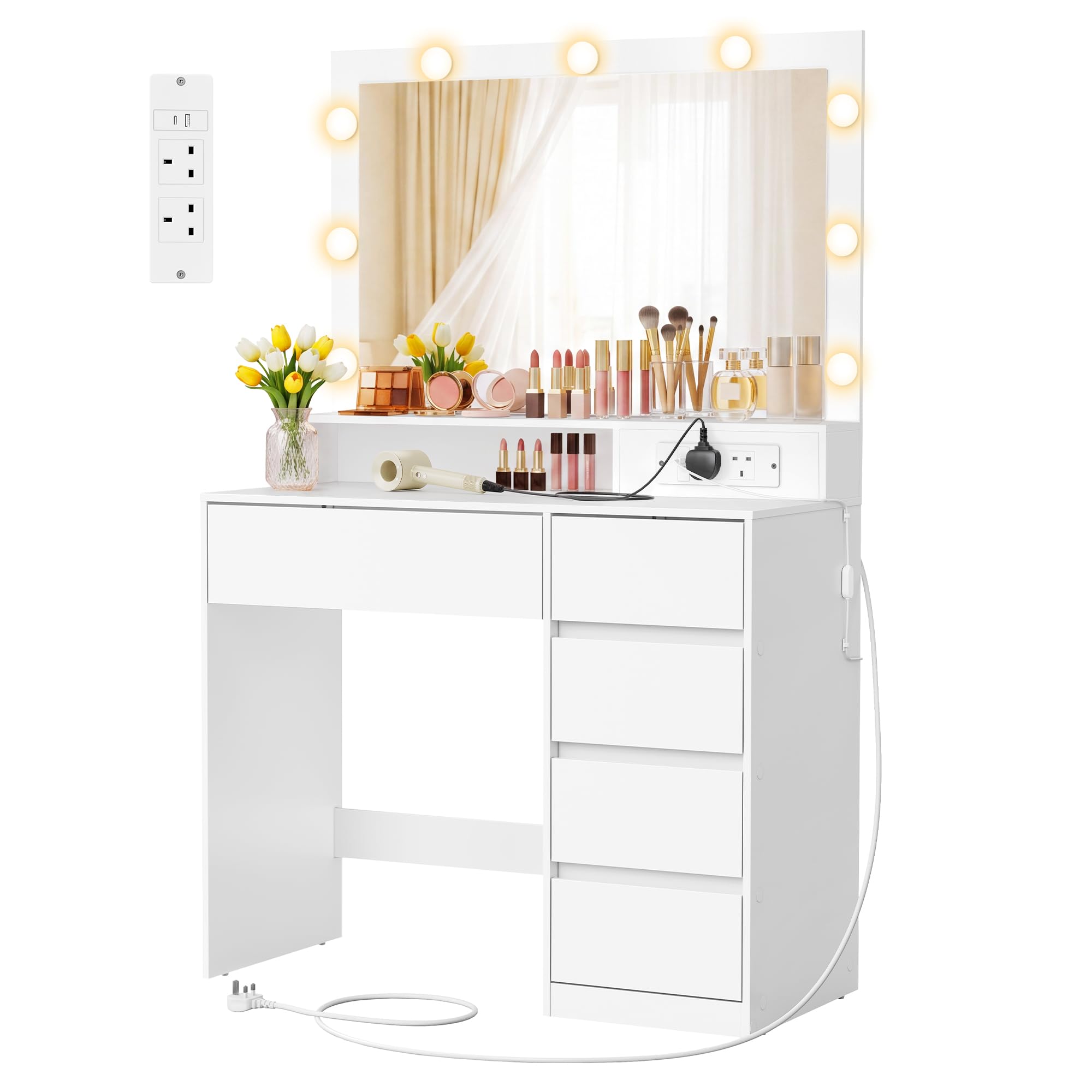VASAGLE Dressing Table, Large Lighted Mirror, 5 Drawers, Power Outlets