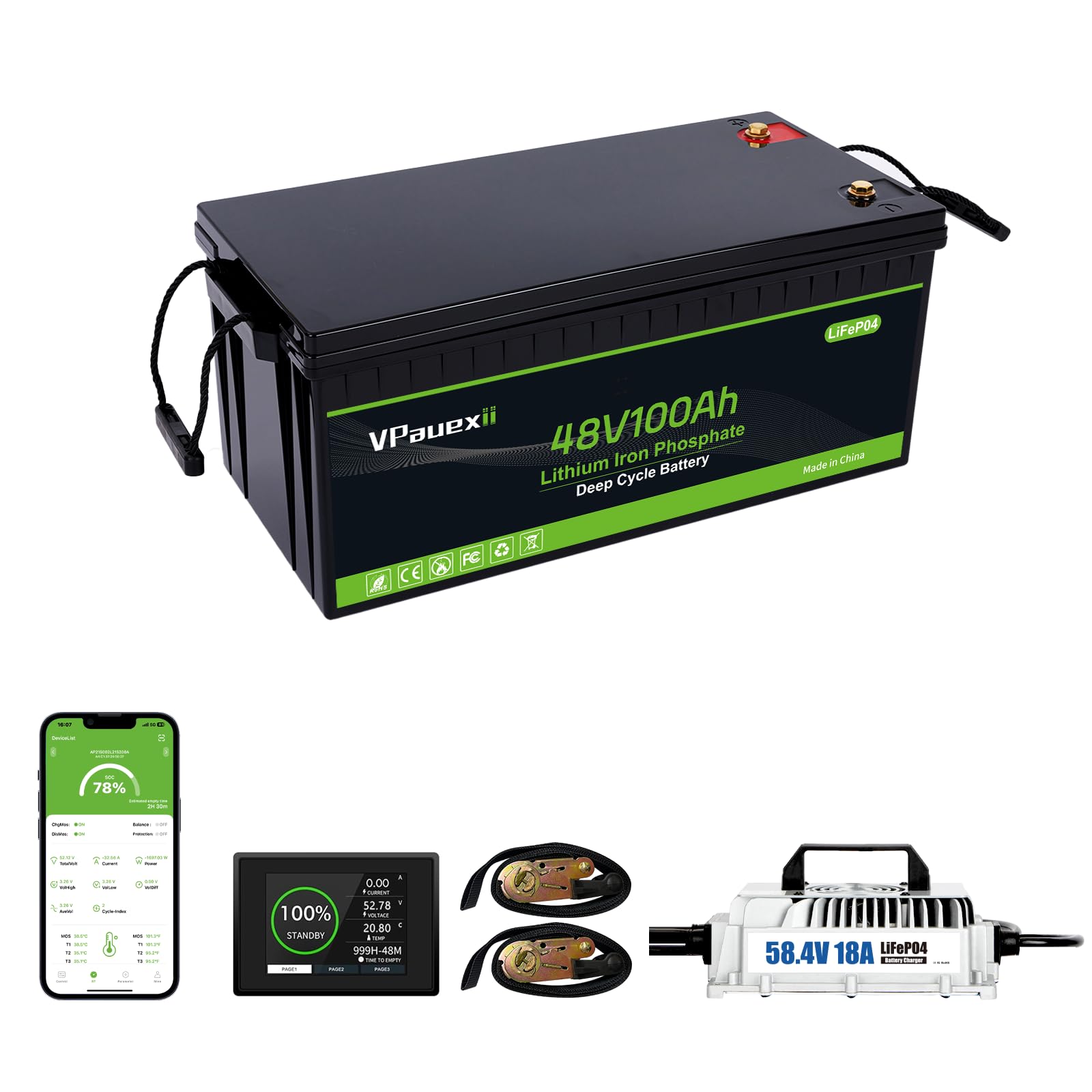 VPauexii 48V Lithium Golf Cart Battery,48V 100Ah Golf Cart Batteries,with 18A Charger,Built-in Smart 200A BMS,LCD Monitor & Mobile APP, Peak Current 1000A,Perfect for Golf Cart (48V 100Ah Kit)