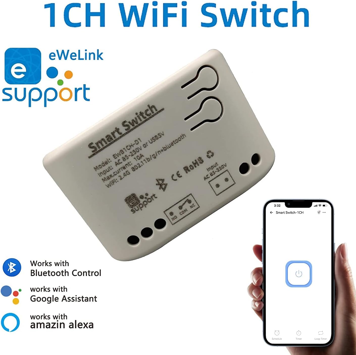1CH WiFi Switch with eWeLink, Bluetooth, Alexa, Google Assistant support