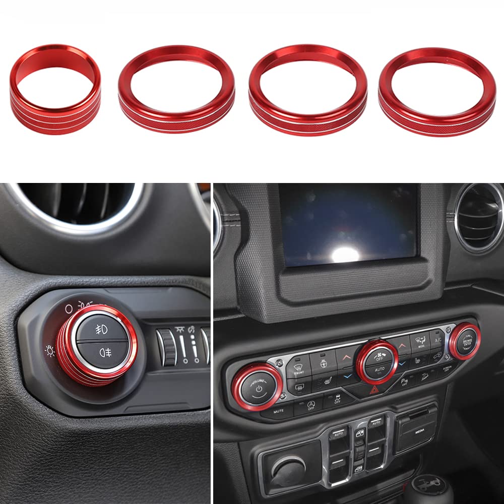 BORUIENfor Jeep Air Conditioner & Headlight Switch Knob Cover AC Button Ring Trims for 2018-2022 Jeep Wrangler JL JLU & 2020-2022 Jeep Gladiator, 4pcs Aluminum Alloy (Short Button, Red)