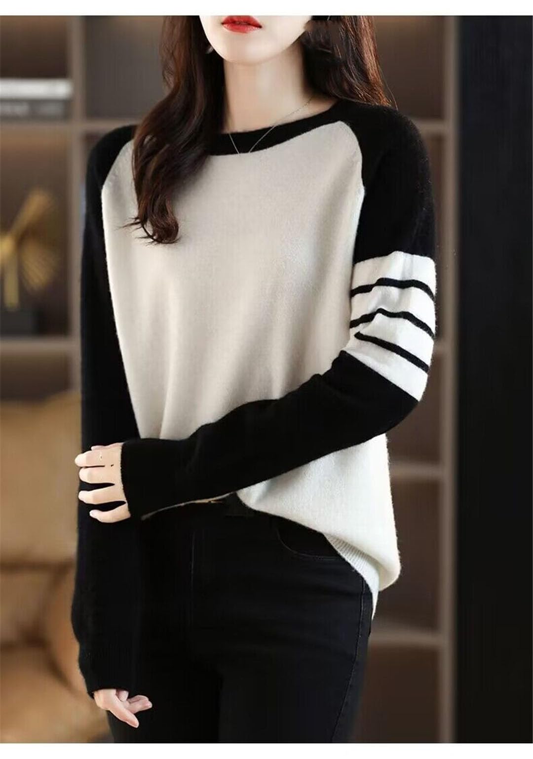 Jersey De Punto Informal con Cuello Redondo Y Manga Larga para Mujer
