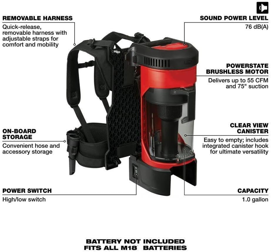VQDHTUZP Fits Milwaukee M18 Fuel 0885-20 18V Cordless 3-in-1 Backpack Vacuum – Wet/Dry Portable Shop Vacuum with HEPA Filtration, Adjustable Hose