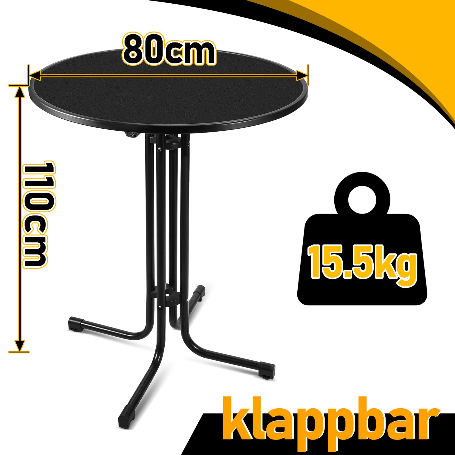 Sonnewelt Table haute pliable avec housse - Diamètre : 80 cm - Table de fête ronde pour l'intérieur et l'extérieur - Hauteur : 110 cm - Résistante aux intempéries - Pieds réglables en hauteur - Noir