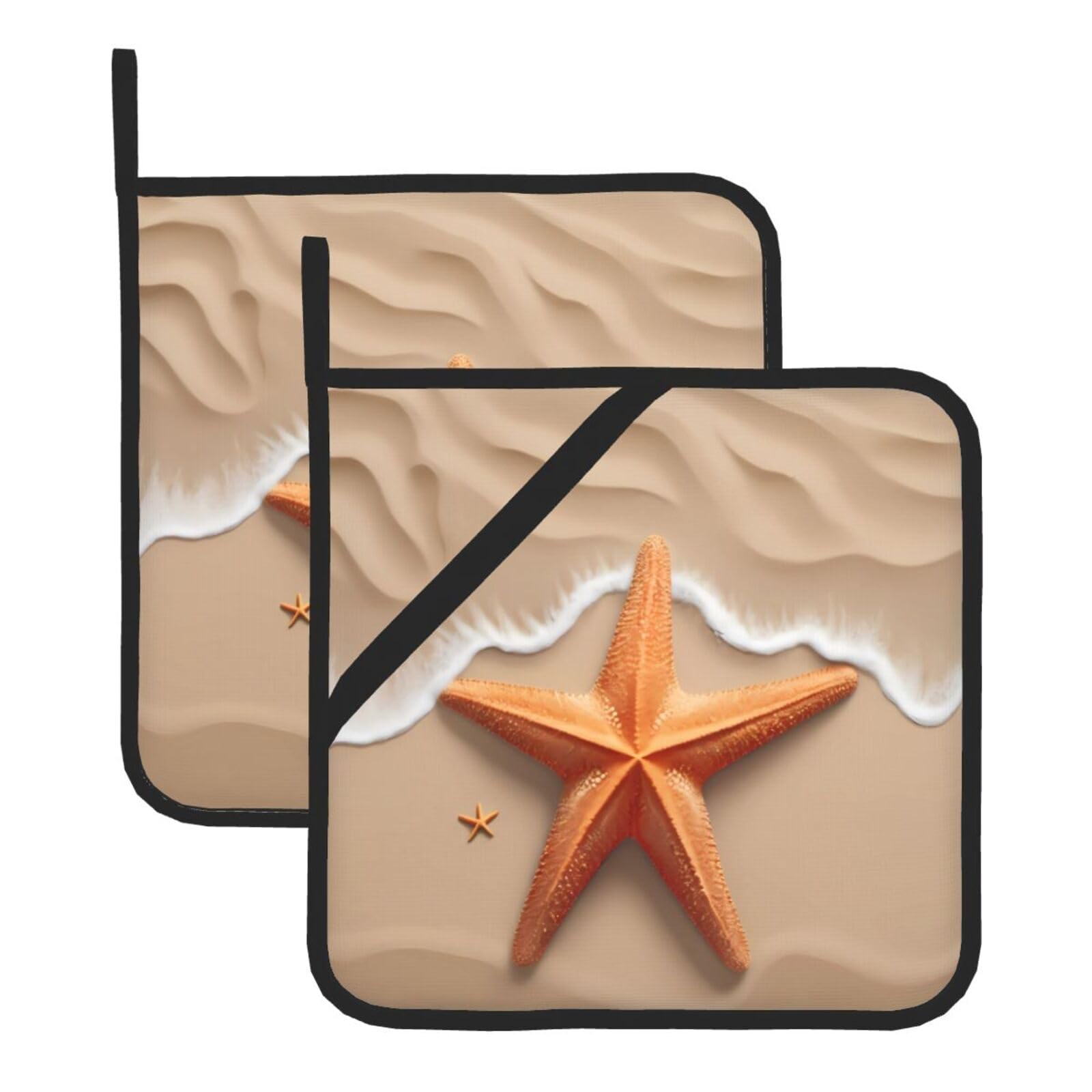 HJFCZH Starfish On The Beach Printed Square Insulated Pot Mat Set (2-Piece) 8x8in Waterproof, Thickened & Easy to Clean with Lanyard Design for Kitchen, Oven & BBQ