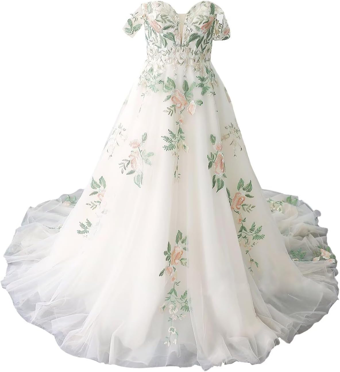 zcbang Forest Fairy Lace Wedding Dresses for Bride Colorful Tulle Bridal Gown with Train