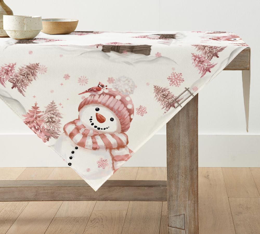 Artoid Mode Pink Snowman Trees Christmas Tablecloth, Table Linen