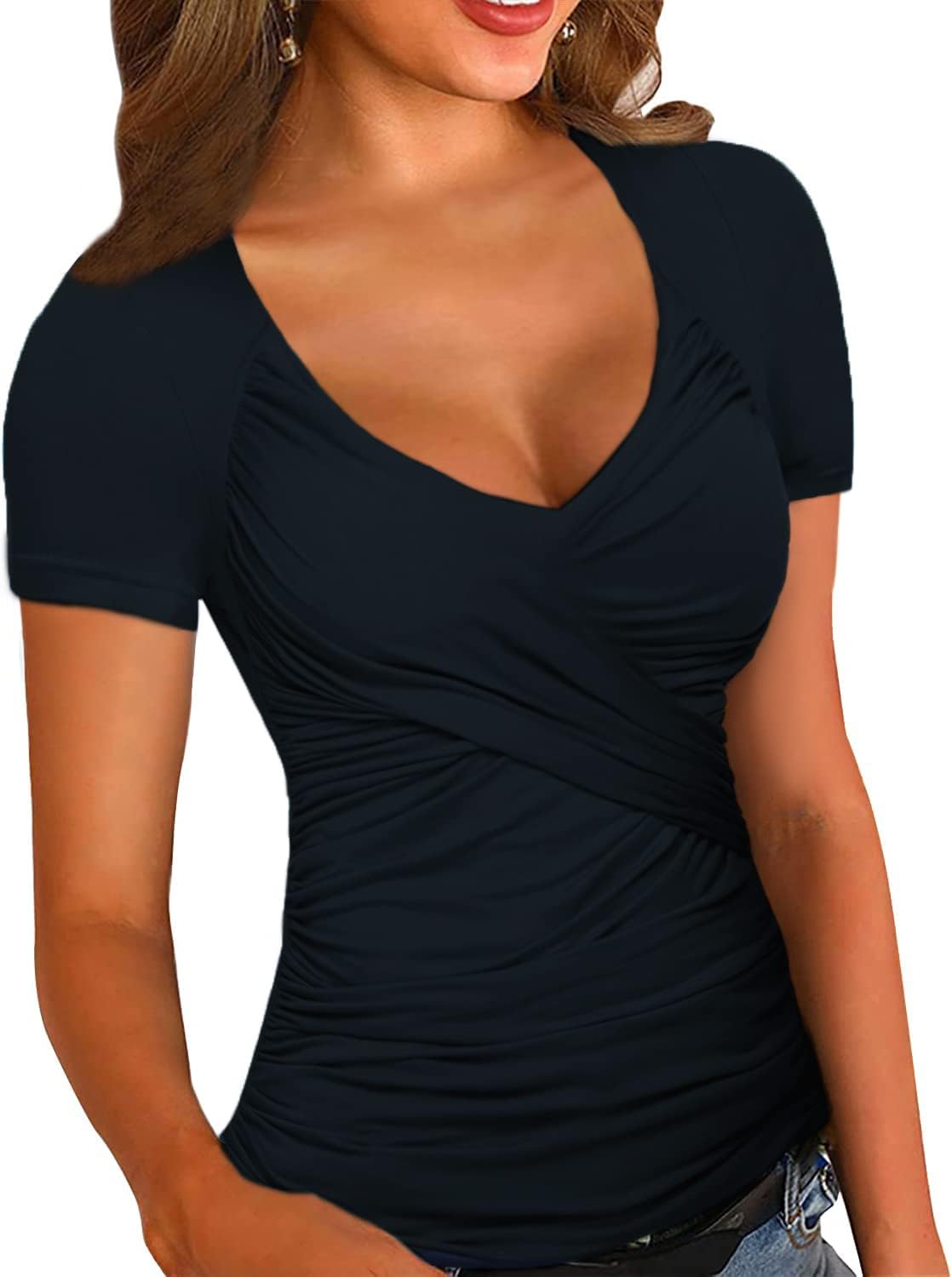 Zeagoo Women's Cross-Front V Neck Ruched Short Sleeve Blouses Shirts Tops S-XXL