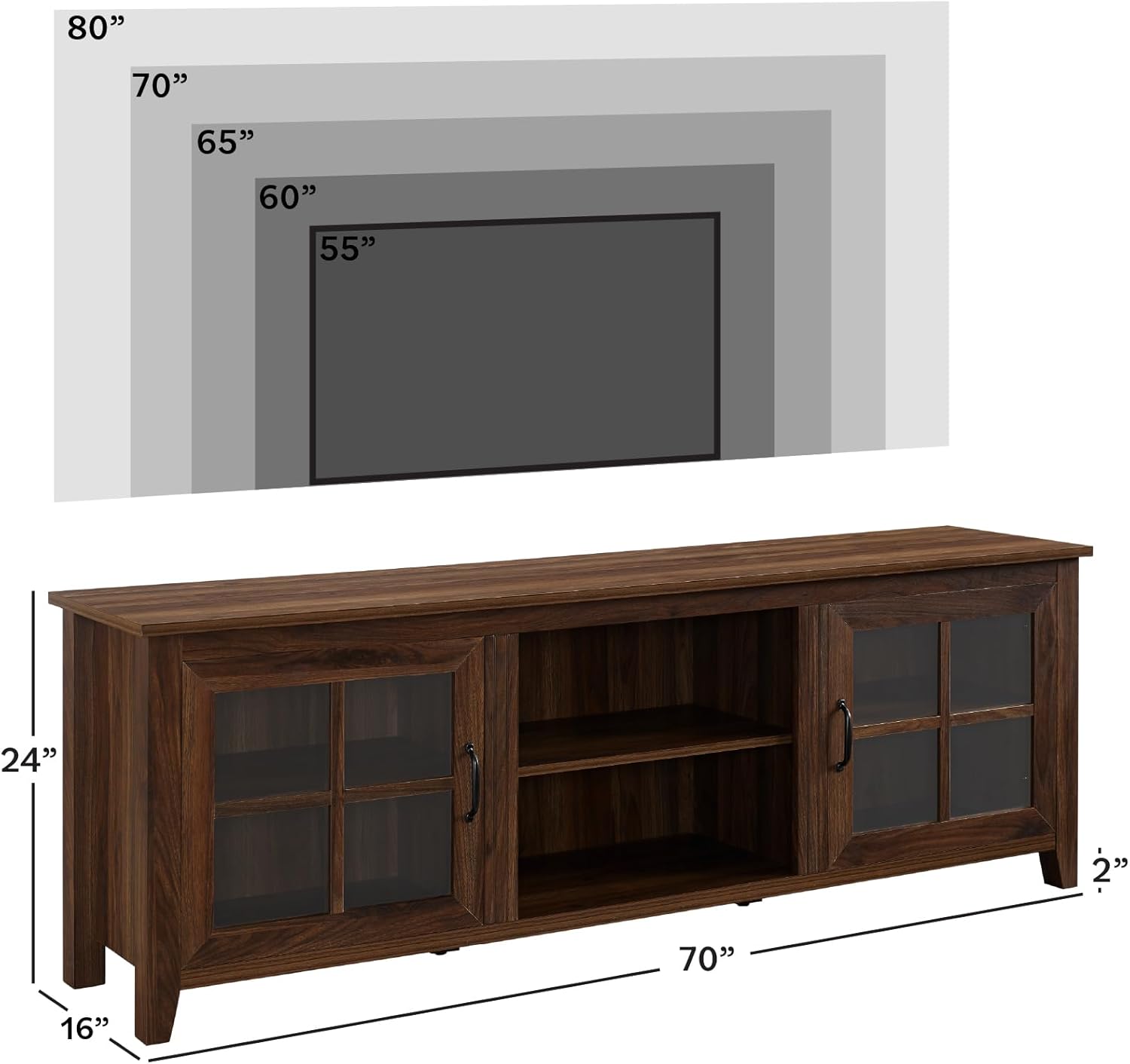 Diagram showing the TV stand's compatibility with various TV sizes up to 80 inches.