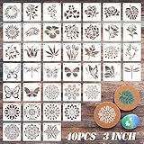 Flower Stencils for Spray Painting on Walls: 40pcs 3Inch Small Plastic Mandala Stencils Reusable, Sunflower Butterfly Bird Rose Stencils for Rock Painting, Wood, Canvas, Drawing, Crafts, Art, Fabric