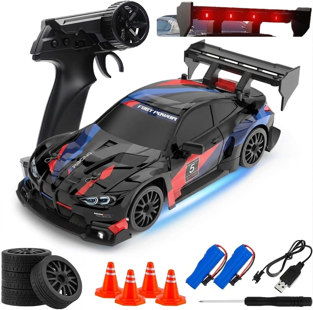 FLYTEK RC Drift Racing Car 1:24 Scale 4WD 2.4GHz 20 Kmph (Black and Red) | LED Lights, Replaceable Tyres, Flexible PVC Shell, Multi-Player Support, USB Rechargeable-image-23