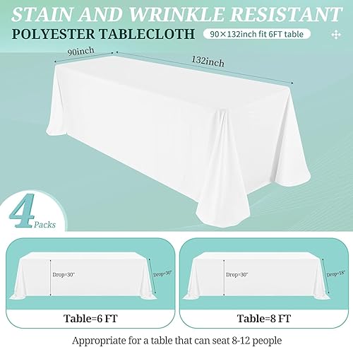 Miniatura 2 de Haewlear Mantel rectangular blanco de 90 x 132 pulgadas para mesa de 6 pies, resistente a las arrugas, lavable, para comedor, fiesta y campamento