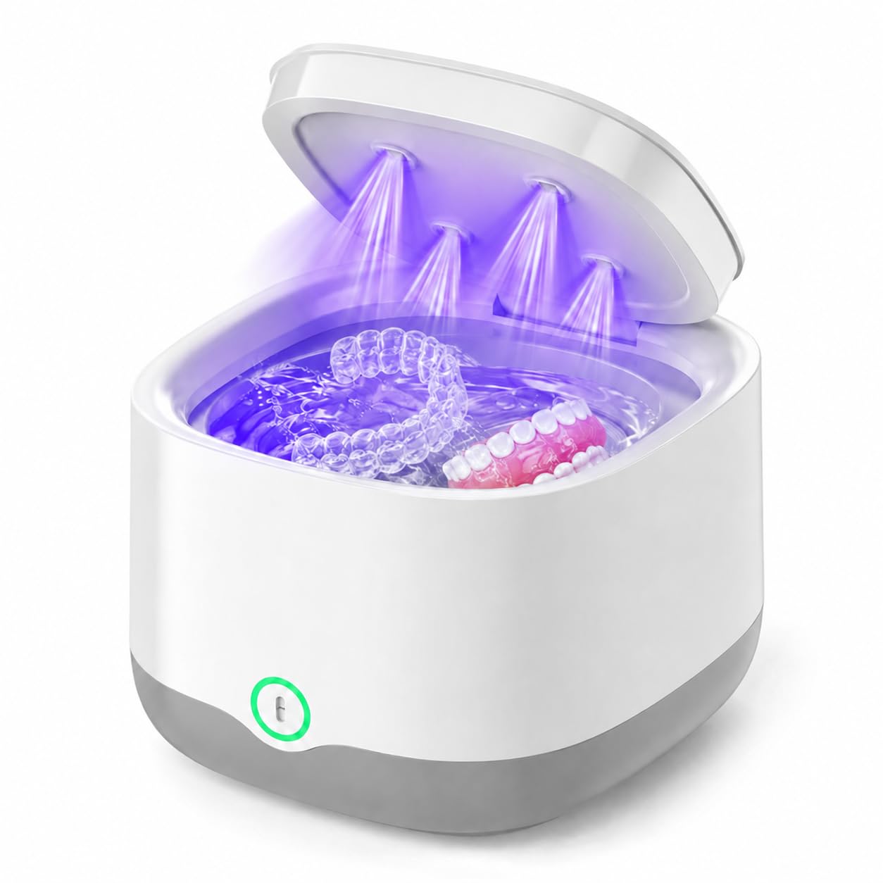 Limpiador Ultrasonidos Dental para Férulas y Retenedores (Blanco) | Depósito de 200ML, Limpieza por Ultrasonidos de 45kHz con 24W, Batería 4000mAh y 4 Lámparas UV para Dentaduras y Joyas