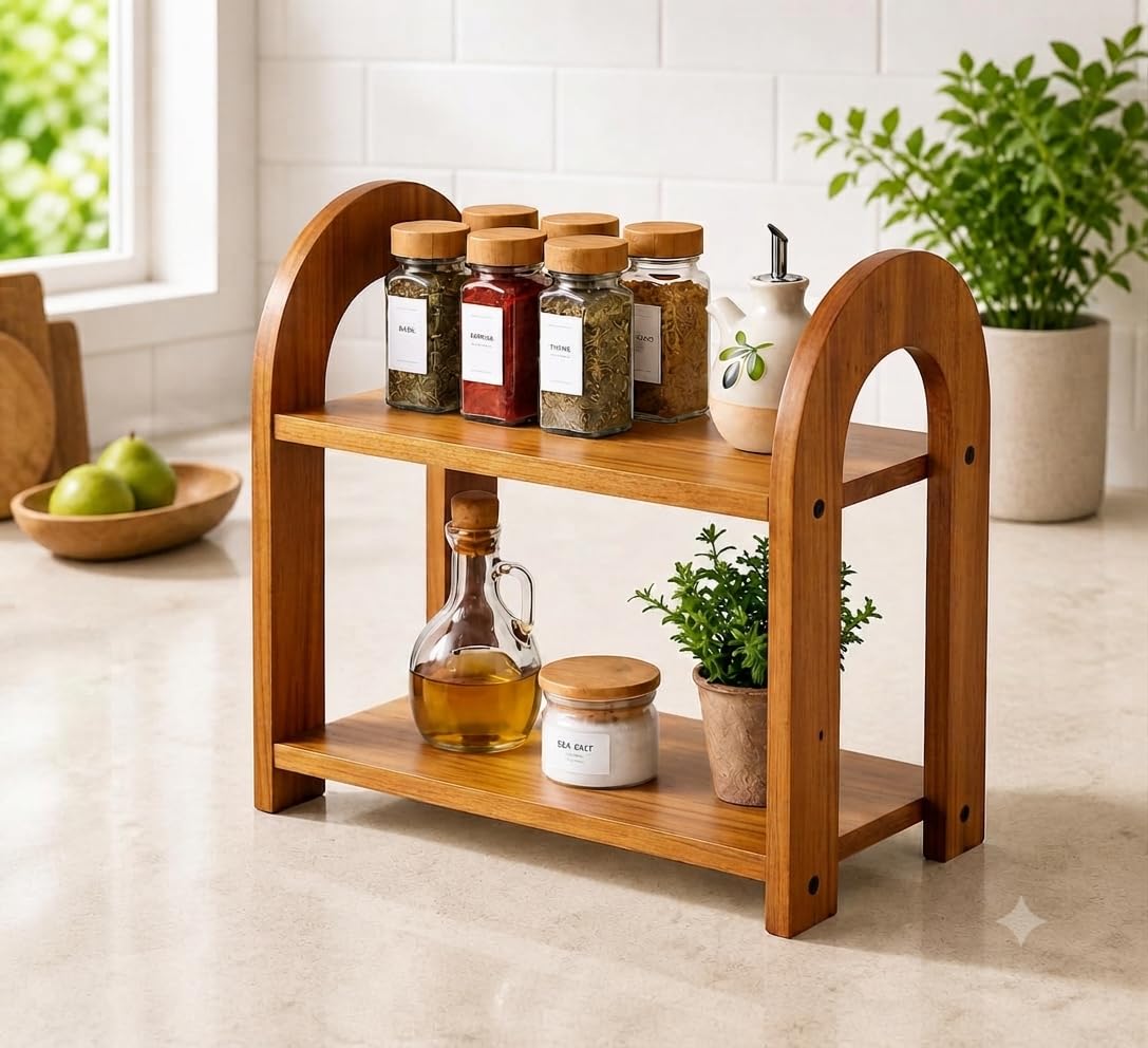 AHAMNA 2-Tier Spice Rack, 13.8 Inch Wood Step Shelf Countertop Spice Storage Holder, Kitchen Pantry Cabinet Organizer Cupboard for Spice Bottles, Jars, Seasonings, Baking Supplies, (Brown, Oval)