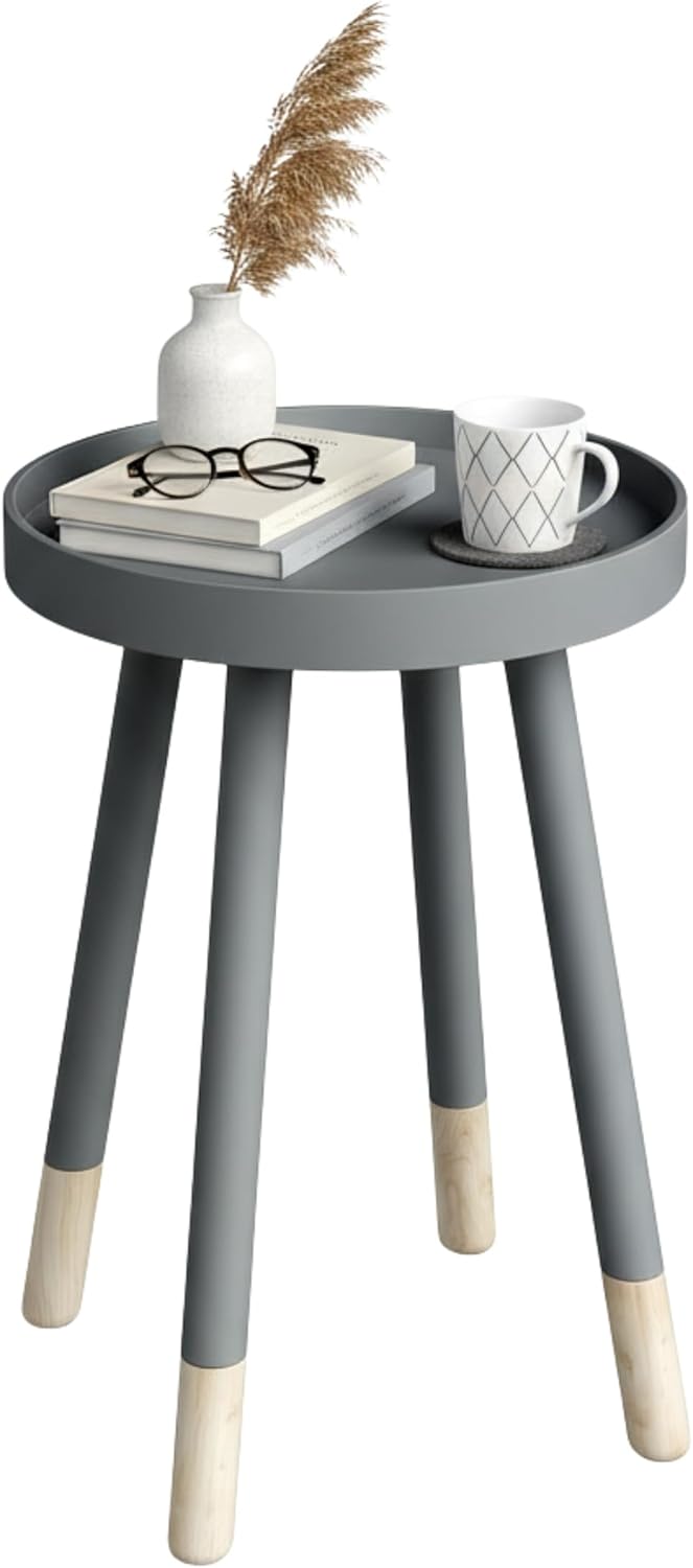 Lavish Home 2-Tone Round End Table - Mid-Century Modern Home Accent Table with Tray Top for Living Room, Bedroom, or Office (Gray/Natural)