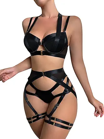 Lilosy Sexy Strappy Underwire Push Up Garter Belt Women Lingerie Set Harness Cutout Outfits Matching Bra Panty 3 Piece