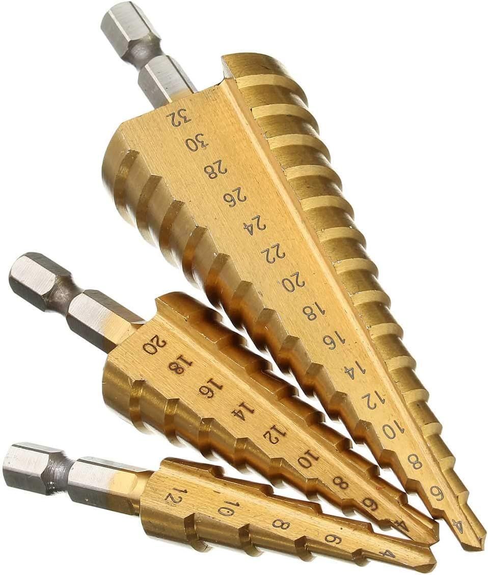 Fonture 4-12mm HSS Drill Bit 5 Steps 1/4 Hex Shank Titanium Coated Hexagonal Suitable for Wood, Plastic, Steel, Nylon, Brass