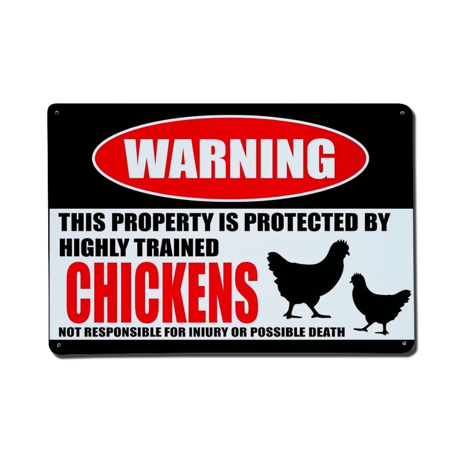 Warning Sign Chickens Protection Humor Retro Metal Tin Sign, Vintage Metal Poster for Home, Gaming Room, Studio Workshop,Bar,Garage Wall Art Decor 8x12 Inch