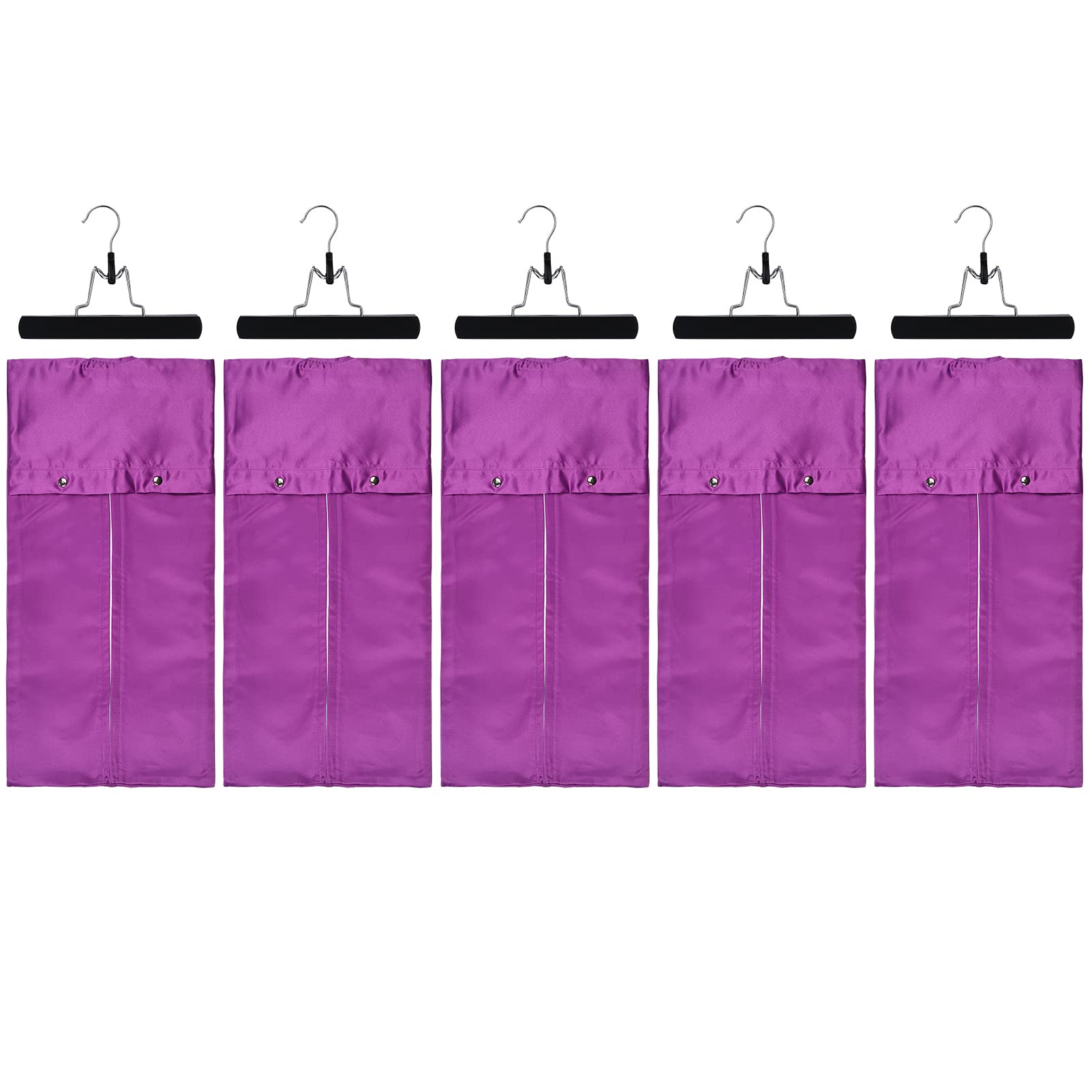 Satin Perücken Aufbewahrungsbeutel Haarverlängerungen Tasche mit Holz Aufhänger Haken Set (60x29cm, Lila 5*Taschen+5*Aufhänger)