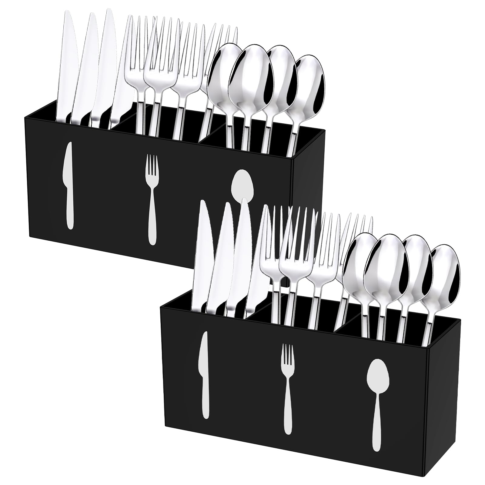 Ktcina Black 2 Pcs Kitchen Utensils Holders, 3 Compartment Acrylic Utensil Caddy Cutlery Holder Organizer Silverware Caddy Flatware Organizers Kitchen Utensil Holder For Fork Spoon Knife(Black)