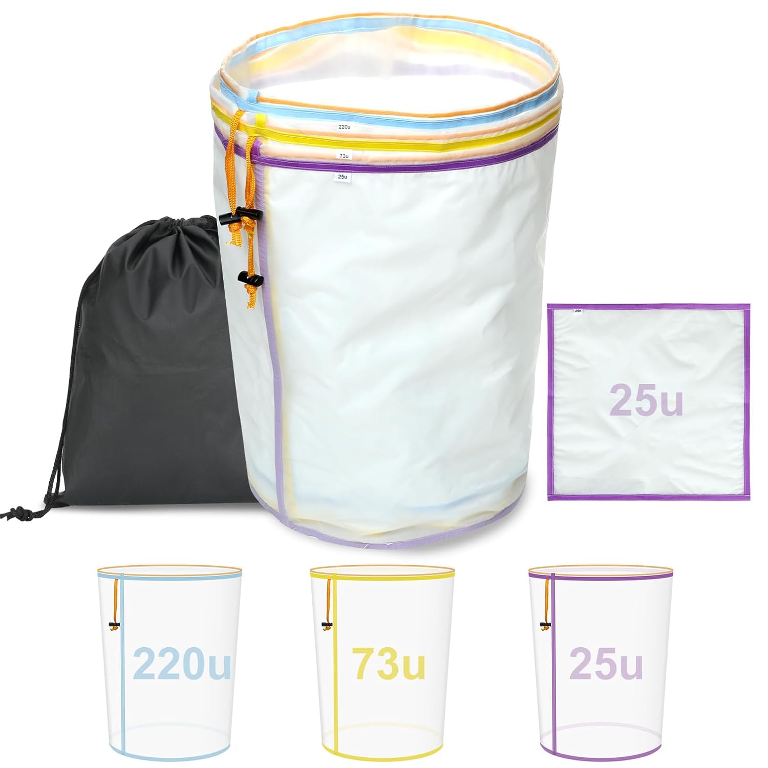 5-Gallon All-Mesh Filter Bags 3-Pack Starter Kit | Reusable Nylon Strainer with 1 Piece 25µ Filter Screen | For Kitchen, Hydroponics, Gardening & Industrial Use | 25µ, 73µ, 220µ