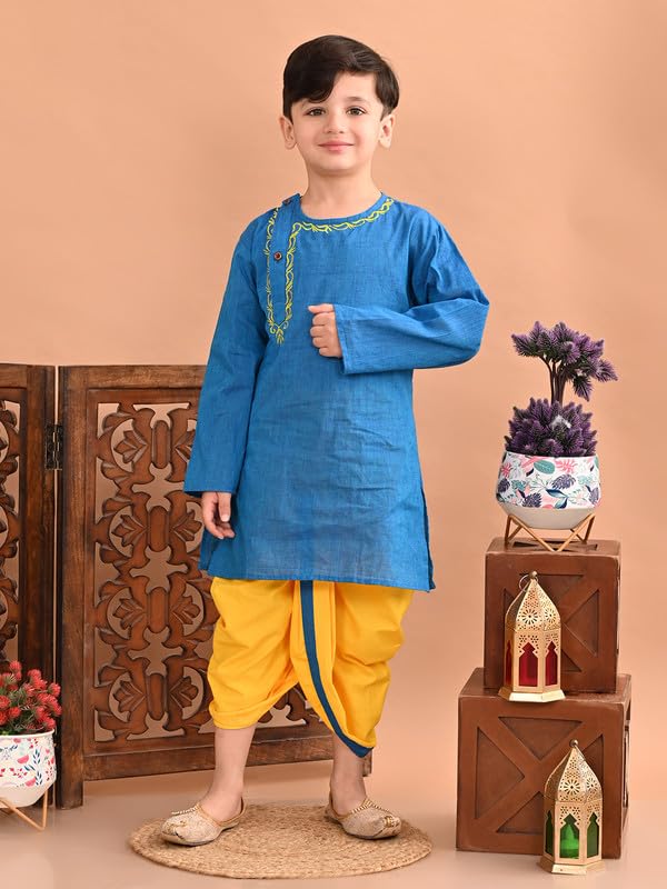 Image of superminis Baby Boy's Handloom Cotton Kurta With Embroidery Around The Neck And Contrast Color Dhoti Clothing Set