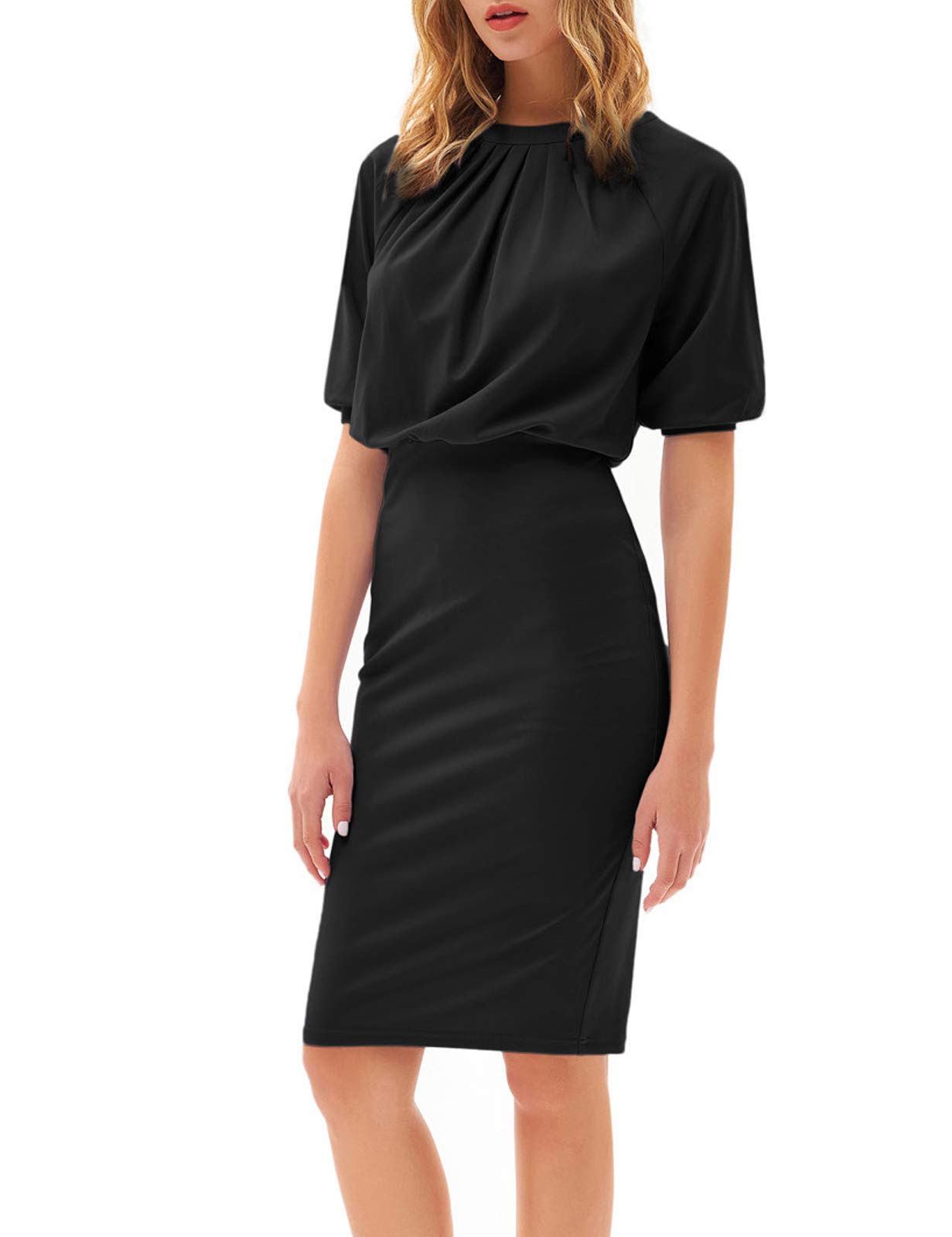 GRACE KARIN Women's Short Sleeve Bodycon Dress Crew Neck Pleated Slit Office Midi Pencil Dress