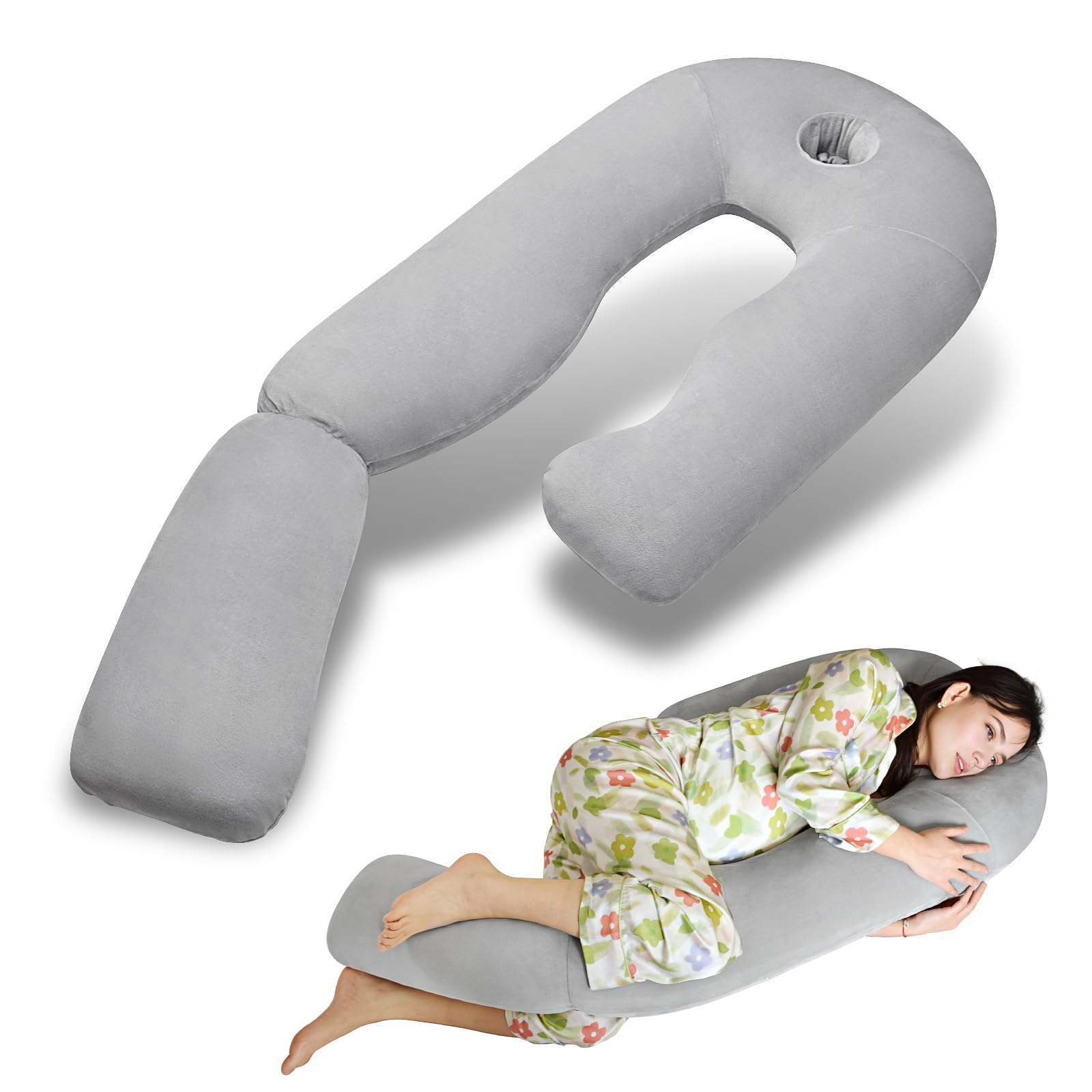 Pozico U-Shaped Full Body Pillow for Side Sleepers 51-Inch Cooling Pregnancy Pillow with Ear Piercing Design for Neck