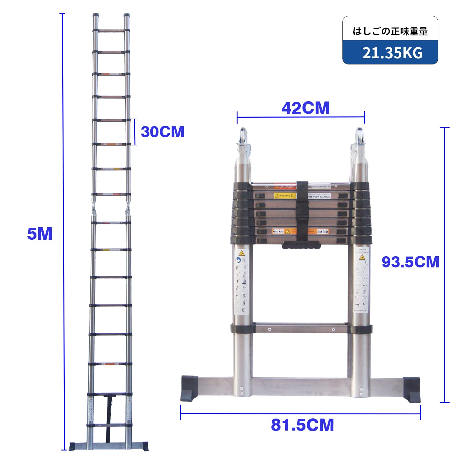 Escalera telescópica plegable de 5 m con estabilizador, 2,5 m + 2,5 m, marco A, escalera multifunción, escalera extensible, portátil, diseño telescópico, escalera doméstica antideslizante, capacidad