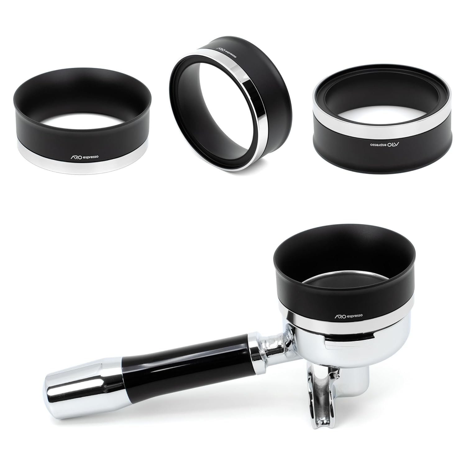 ARO PortaFunnel™ | Magnetic Dosing Funnel for Espresso | Black Anodized Aluminum and Polished Stainless Steel (58mm, Short)