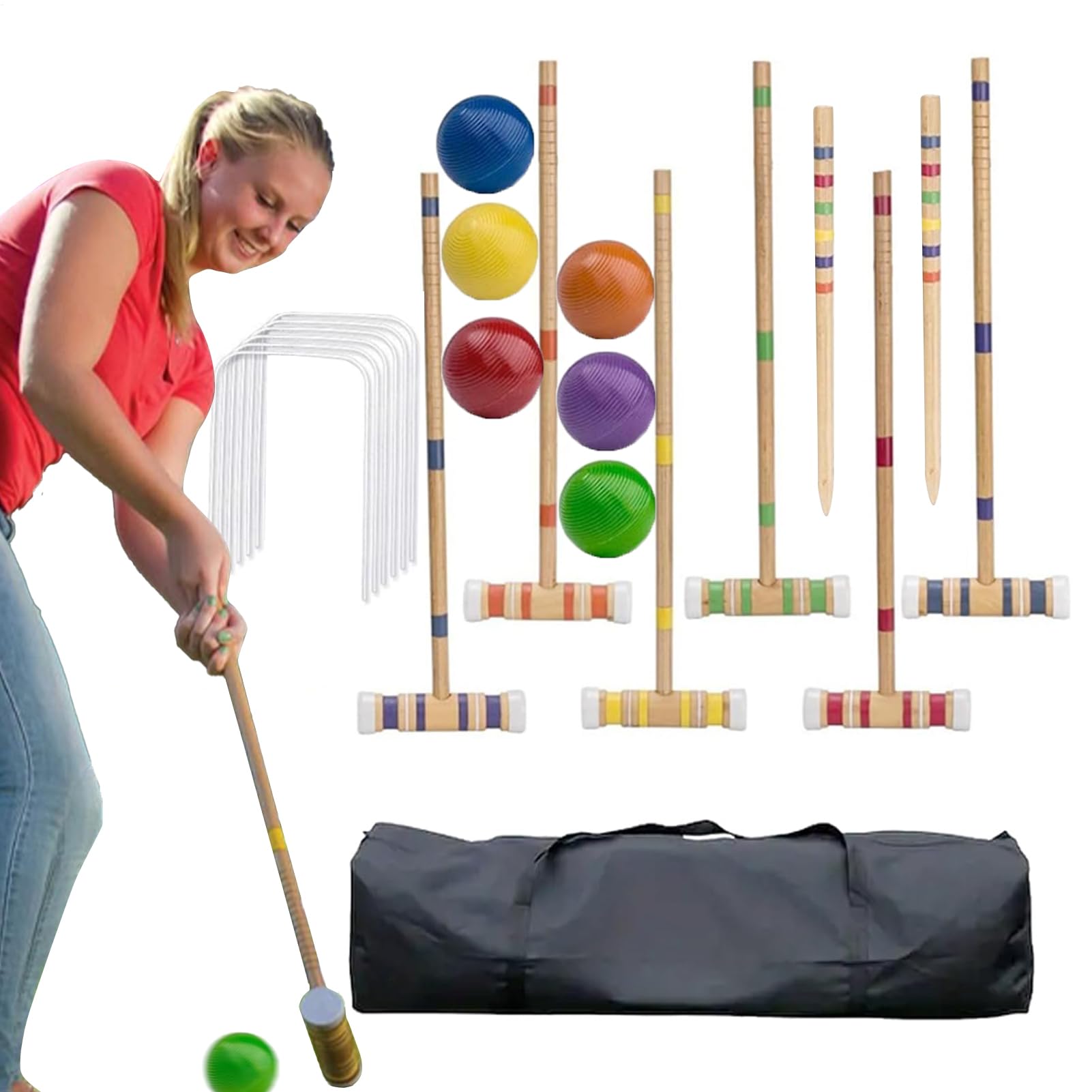 Krocket -Set für Erwachsene, Krocket -Set | Krocket-Krocketset für 6 Spieler, mit Holzschlägern, bunten Bällen, robust, perfekt - Tragbare Outdoor -Aktivitäten, Holzsportset für Rasen, Hinterhof, Park