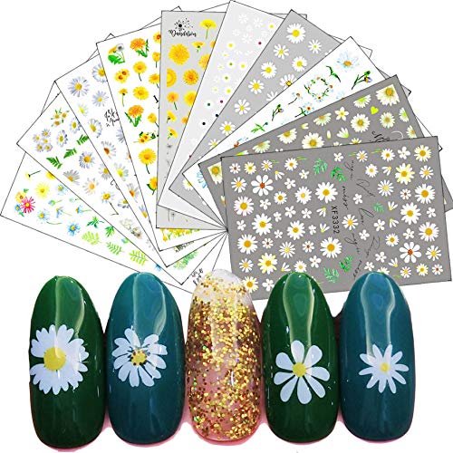 Daisy Nail Art Stickers Decals Nail Art Supplies for Women 10 Design Nail Foil Art Daisy Sun Flower, 3D Nail Art Self-Adhesive Nail Accessories Decorations for Girl Nail Designs for Acrylic Nails