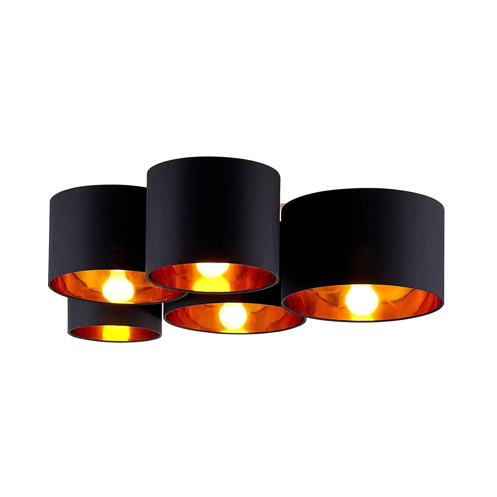 Lindby Stoff Deckenlampe schwarz-gold, 5 Schirme Ø 20 25 28 30 32 cm 5x E27 max. 60W ohne Leuchtmittel Textil Deckenleuchte Wohnzimmerlampe