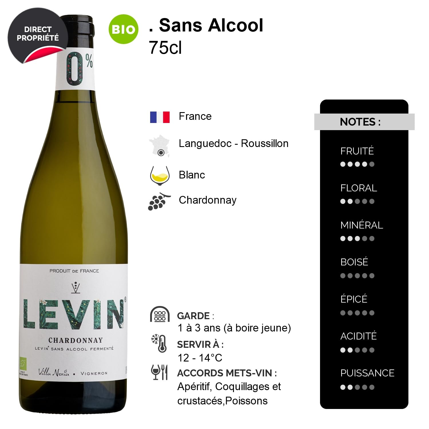 LEVIN Sans alcool Chardonnay - Blanc - Villa Noria - Sans Alcool - Vin Blanc du Languedoc - Roussillon (6x75cl) BIO Sans Alcool