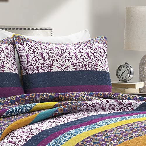 Image of Lush Decor Boho Stripe Reversible Cotton Quilt 3-Piece Set, King, Plum & Yellow - Bold Colorful Bohemian Bedding Set